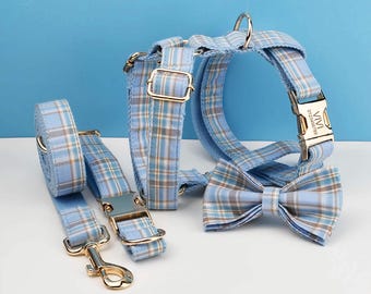 Plaid Dog Collar Set – Engraved Metal Buckle, Blue Checkered Harness & Leash