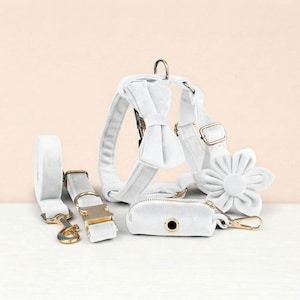 Conjunto de arnés, collar y correa para perro personalizados, sin tirones, de terciopelo blanco para bodas - Cubo grabable