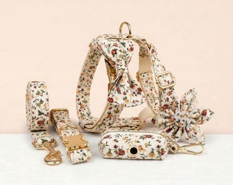 Personalized No Pull Dog Harness Collar Leash Soft Ivory Blossom Floral Set - Engravable Bucket