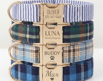 Personalized Plaid Check Tartan Dog Bowtie Collar Leash Set - Free Engravable Bucket