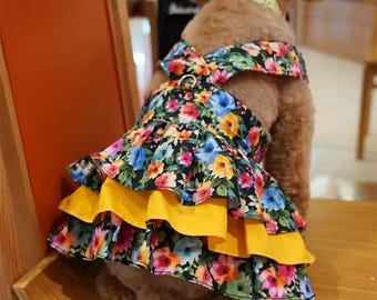 Vestido de algodón floral para perro, conjunto de verano color limón, ropa para perros pequeños y medianos, detalle de lazo.