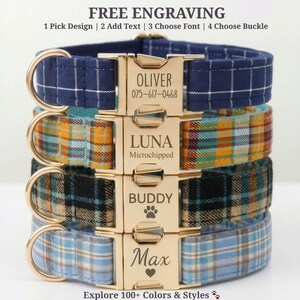 May include: Four dog collars in plaid patterns of blue, orange, black, and light blue. Each collar has a gold-coloured buckle engraved with a name and contact details or a paw print and heart symbol. The image includes the text "FREE ENGRAVING".