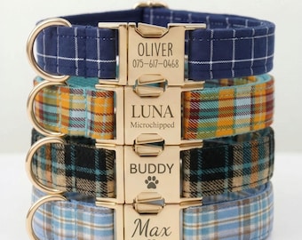 Personalized Plaid Check Tartan Dog Collar Leash Set - Engravable Bucket