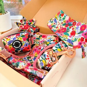 May include: A floral dog accessory set in a box. The set includes a collar, leash, waste bag holder, bow tie, and bandana. The items feature a colorful floral pattern with red, pink, blue, and yellow flowers. The hardware is rose gold.