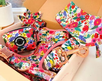 Floral Dog Harness Set, Personalized Collar & Leash, 6-Piece Matching Walking Set, Adjustable No-Pull Vest