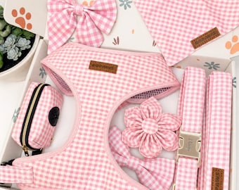 Personalized Pink Caro Dog Harness Collar Leash Set, Personalized Engraved Buckle, Adjustable Vest