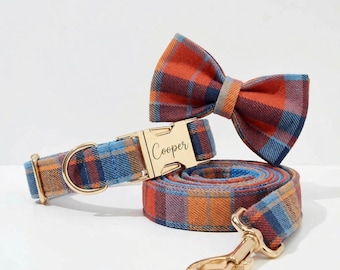 Personalized Plaid Dog Collar and Leash Set, Engraved Name Buckle, Small to Large Dogs