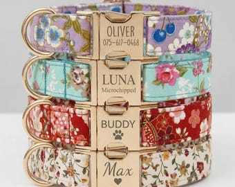 Personalized Girly Floral Dog Collar & Leash Set with Bow Tie – Custom Name Puppy Accessories