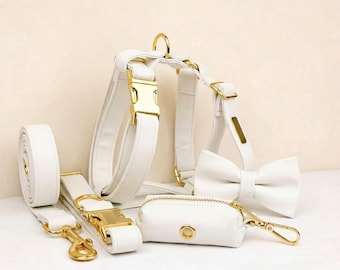 Engraved Dog Collar Leash Harness Set, White Leather, Classic Elegance