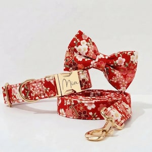 Personalized Ruby Bloom Floral Dog Collar and Leash Set, Engraved Name Buckle