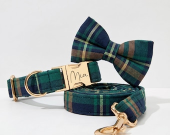 Personalized Dog Collar Leash Harness Classic Navy Plaid Set With Bowtie - Engravable Bucket