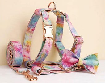 Personalized No Pull Dog Harness Collar Leash Dreamy Rainbow Print Set - Engravable Bucket