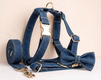 Conjunto personalizado de arnés, collar y correa para perro sin tirones, color azul vaquero - Cubo grabable