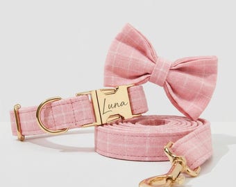 Personalized Pink Plaid Dog Collar and Leash Set, Engraved Name Buckle