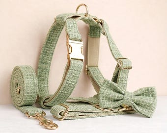 Personalized No Pull Dog Harness Collar Leash Lemon Green Cotton Set - Engravable Bucket
