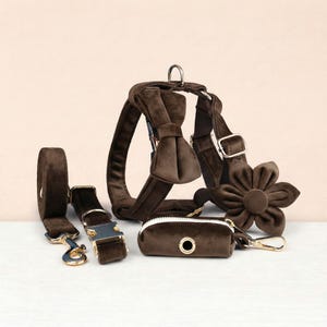 Dunkelbraunes Samt Hundehalsband, Leine & Geschirr Set - Metallschnalle mit Gravur