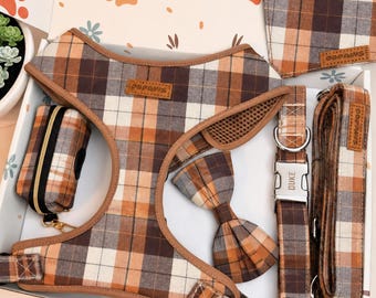 Designed Autumn Plaid Dog Harness Collar Leash Set, Personalized Engraved Buckle, Adjustable Vest