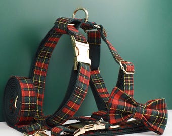Red Tartan Dog Collar, Leash & Harness Set - Engraved Metal Buckle