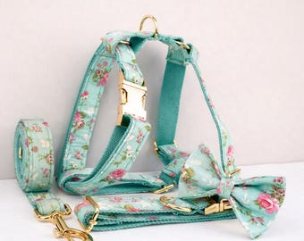 Engraved Dog Collar, Leash & Harness, Blue Floral Blossom Set