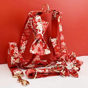 Conjunto personalizado de coleira, guia e peitoral para cães com estampa floral vermelho rubi – Presente para passear com seu pet com gravação personalizada