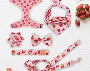 Strawberry Dog Harness Set, Personalized Collar & Leash, 6-Piece Matching Walking Set, Adjustable No-Pull Vest