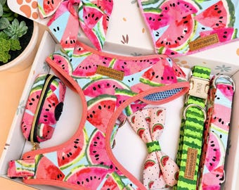 Designed Watermelon Dog Harness Collar Leash Set, Personalized Engraved Buckle, Adjustable Vest