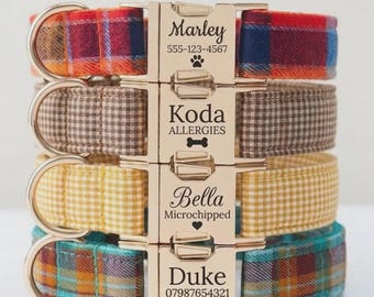 Personalized Plaid Check Tartan Dog Collar Leash Set - Engravable Bucket