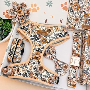 May include: A pet harness set featuring a floral pattern with sunflowers and daisies in shades of orange, yellow, and black on a cream background. The set includes a harness, a bow tie, a collar with a gold buckle, a leash, and a waste bag dispenser.