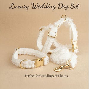 May include: A white dog collar, harness, leash, and waste bag set with gold-colored hardware. The set is trimmed with ruffled fabric. The text "Luxury Wedding Dog Set" is at the top of the image.