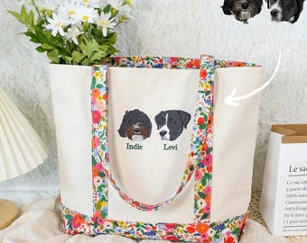 Custom Embroidered Pet Portrait Tote Bag, Personalized Dog Cat Lover Gift