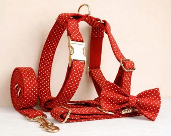 Personalized Red Polka Dot Dog Harness, Collar, Leash Set – Engraved Buckle
