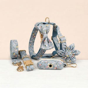May include: A dog harness set in a light blue floral pattern. The set includes a harness with a bow, a leash, a flower accessory, and a waste bag dispenser. The metal hardware is gold-colored.