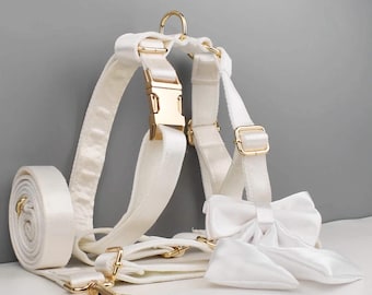 Personalized White Satin Solid Dog Collar Leash Harness Set – Custom Engraved Pet Wedding Gift