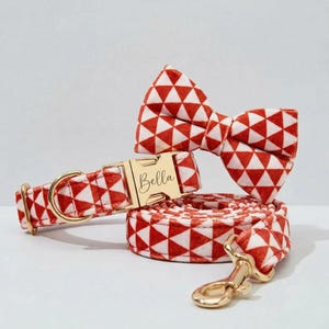 Personalized Dog Collar Leash Set, Engraved Name Buckle, Red White Check Pattern
