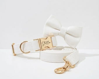 Personalized White Leather Dog Collar Leash Set, Engraved Name Buckle, Matching Bow Tie