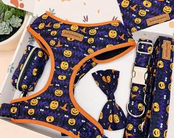 Designed Halloween Dog Harness Collar Leash Set, Personalized Engraved Buckle, Adjustable Vest