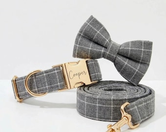 Personalized Gray Plaid Dog Collar and Leash Set, Engraved Name Buckle