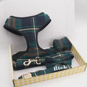 May include: A dog accessory set in a box. The set includes a harness, lead, bow tie, collar, and waste bag dispenser. All items feature a green, navy, and tan plaid pattern. The collar is engraved with "MAX", and the lead has a name tag that says "Rick".