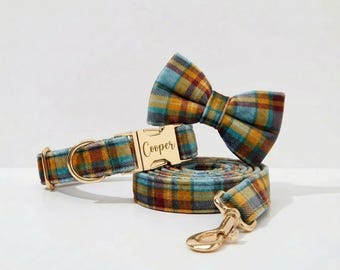 Personalized Plaid Dog Collar and Leash Set, Engraved Name Buckle, Autumn Outfit