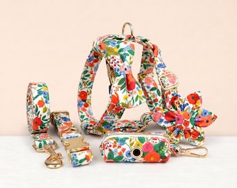 Personalized Dog Collar Leash Harness Soft Spring Blossom Floral Set - Engravable Bucket