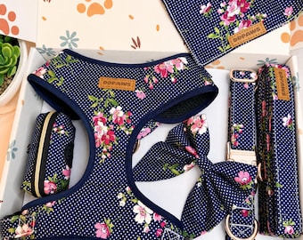 Personalized Navy Floral Dot Dog Harness Collar Leash Set, Personalized Engraved Buckle, Adjustable Vest