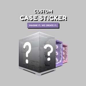 May include: Image features three computer cases, each with a different design. The first case is clear with a question mark, the second is purple with a cloud design, and the third is pink with a floral design. Text at the top reads "CUSTOM CASE STICKER".