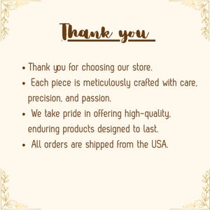 May include: Cream-colored background with the words "Thank you" in a brown, handwritten-style font. The text is followed by bullet points: "Thank you for choosing our store," "Each piece is meticulously crafted," and "We take pride in offering high-quality products."