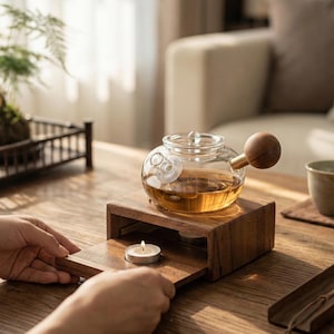 May include: A clear glass teapot with a wooden handle and a wooden base. The teapot sits on a wooden stand with a small candle lit inside. The tea inside the teapot is amber in colour.