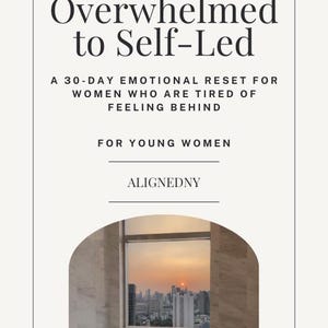 May include: A book cover with the title "From Overwhelmed to Self-Led" and the subtitle "A 30-Day Emotional Reset for Women Who Are Tired of Feeling Behind." The image shows a person in a bathtub reading a book with a city skyline view.