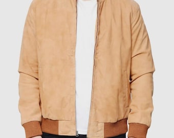 Men’s Brown Suede Leather Bomber Jacket – Handmade Genuine Jacket – UK Delivery