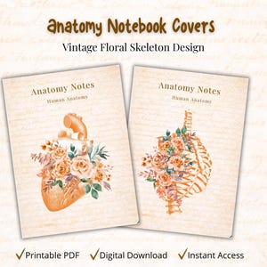 Pode incluir: Duas capas de caderno com designs florais vintage de esqueleto. Uma apresenta um coração, a outra uma caixa torácica, ambas adornadas com rosas cor de pêssego. O texto "Anatomy Notes" e "Human Anatomy" é visível.