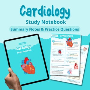 Pode incluir: Um tablet digital exibindo um caderno de estudo de cardiologia com o título "Cardiology Study Notebook" e um gráfico de um coração. A imagem também mostra notas de resumo e questões práticas.