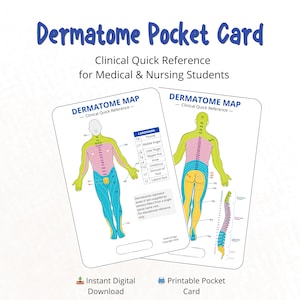 Pode incluir: Dois cartões de bolso com mapas de dermatomas para estudantes de medicina e enfermagem. Os cartões apresentam ilustrações do corpo humano com áreas codificadas por cores que representam os dermatomas. O texto inclui "Dermatome Pocket Card".