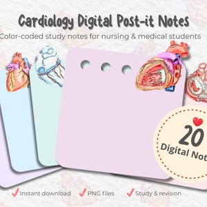 May include: Digital post-it notes for cardiology studies. The image shows a collection of colorful, heart-themed notes with the text "Cardiology Digital Post-it Notes" and "20 Digital Notes". Includes study notes for nursing and medical students.